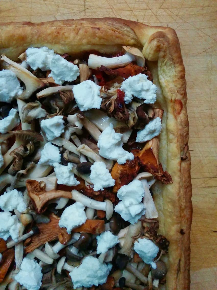 Fall Wild Mushroom Puff Pizza with Caramelized Onions and Fromage Blanc