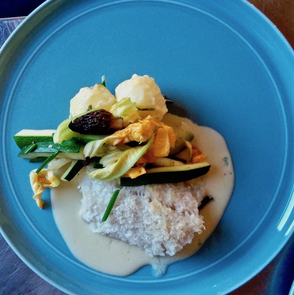 Shaved Macadamia Crusted Sablefish with Morels, Squash Blossoms, Beurre Blanc