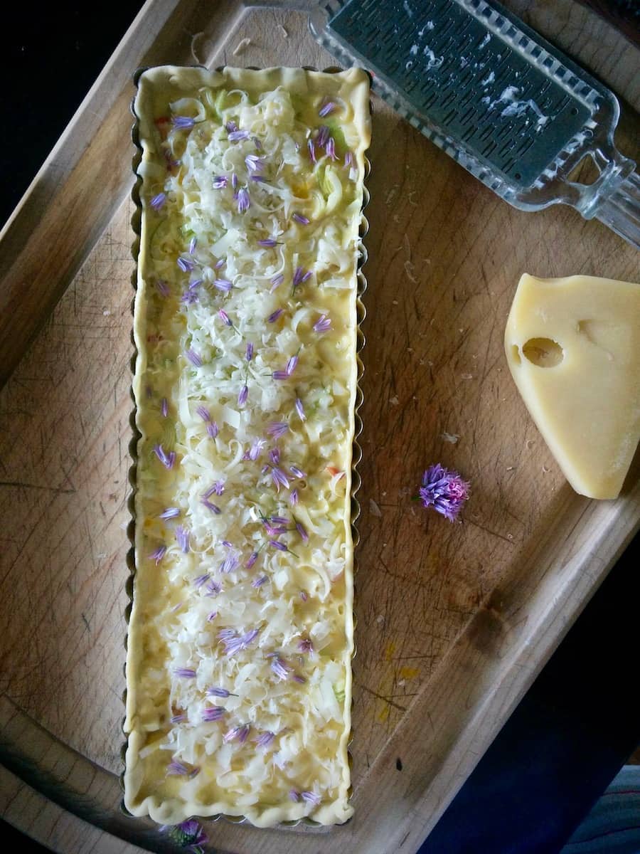 Quiche Tart with Emmental Cheese, Chive Blossoms and Leek