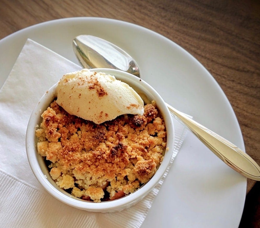 Apple and Sour Cherry Crumble with Almond Cookie Crust (GF) and Vanilla Bean Ice Cream