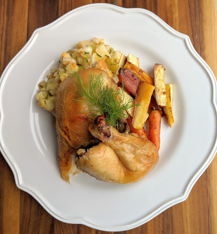 Roasted Cornish Hen with Fennel, Leek and Apple Dressing, Roasted Carrots, Parsnips and Brussel Sprouts