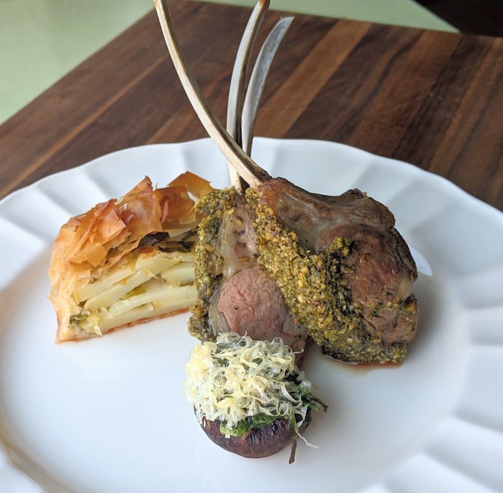 Marcona Almond and Mint Pesto Crusted Lamb Racks with Potato-Leek Filo Pie and Garlicky Spinach Stuffed Mushrooms with Parmesan