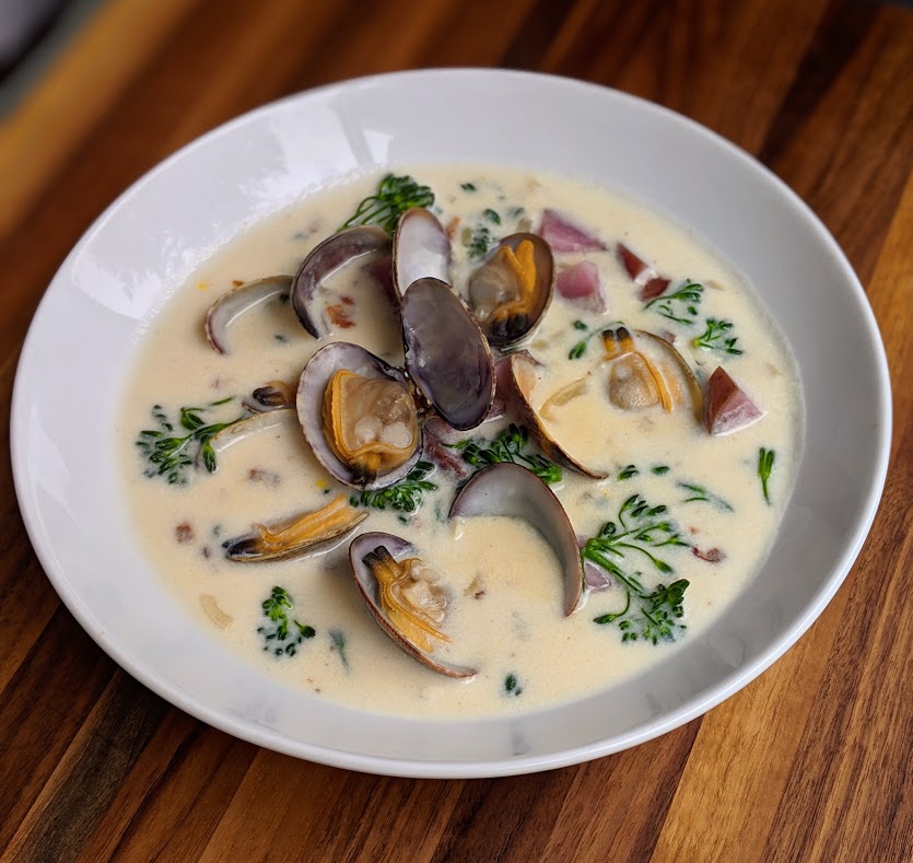 Whole Northwest Clam Chowder with Blue Potatoes, Pancetta, Broccoli and Shallot