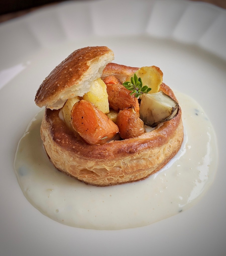 Roasted Root Vegetables in a Puff Pastry Cup with Gruyère Cheese Sauce