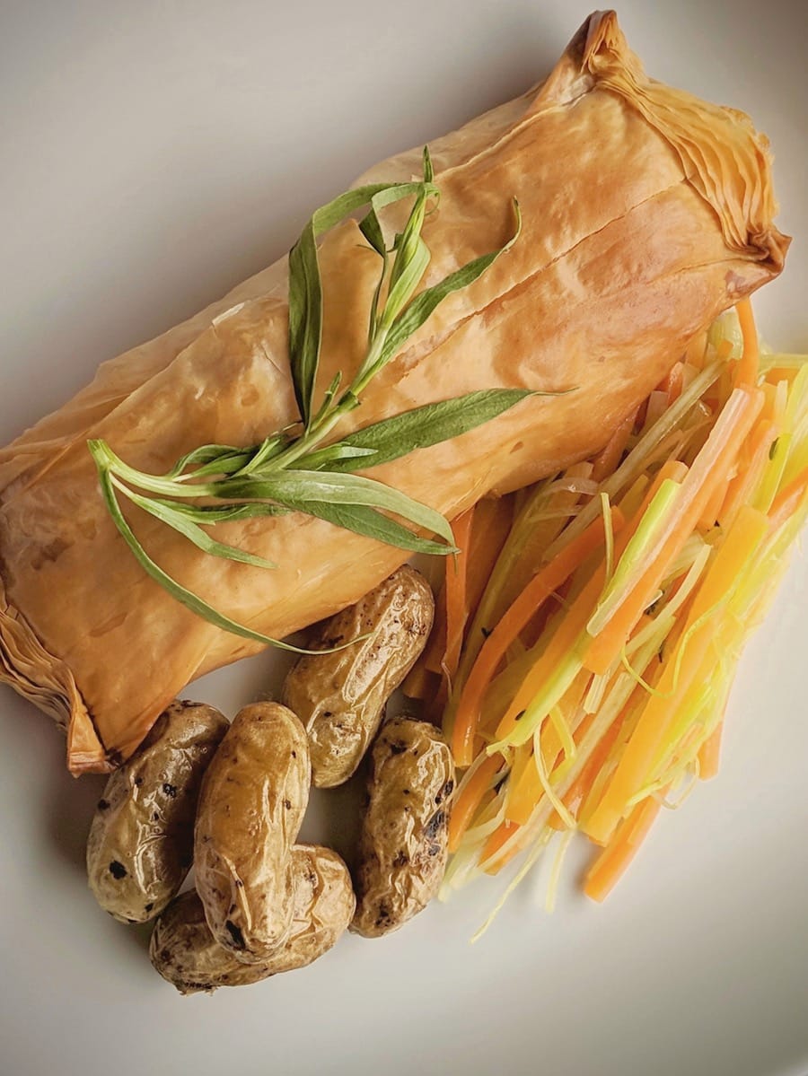 Salmon, Tarragon and Brie Stuffed Filo Pastry with Garden Fingerlings, Carrots and Leeks