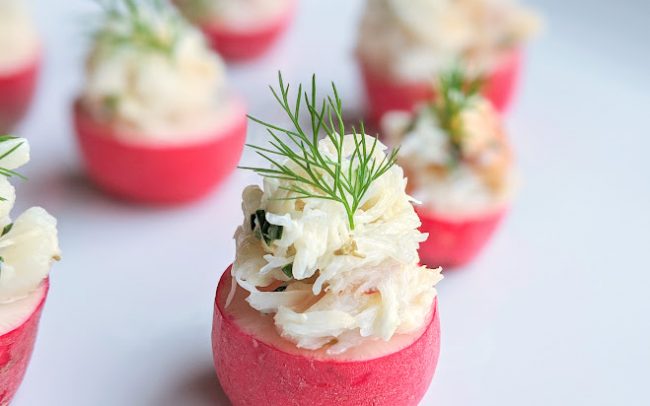 Spring Hors D'Oeuvres - One Bite Radish Halves with Dungeness Crab Salad and Dill