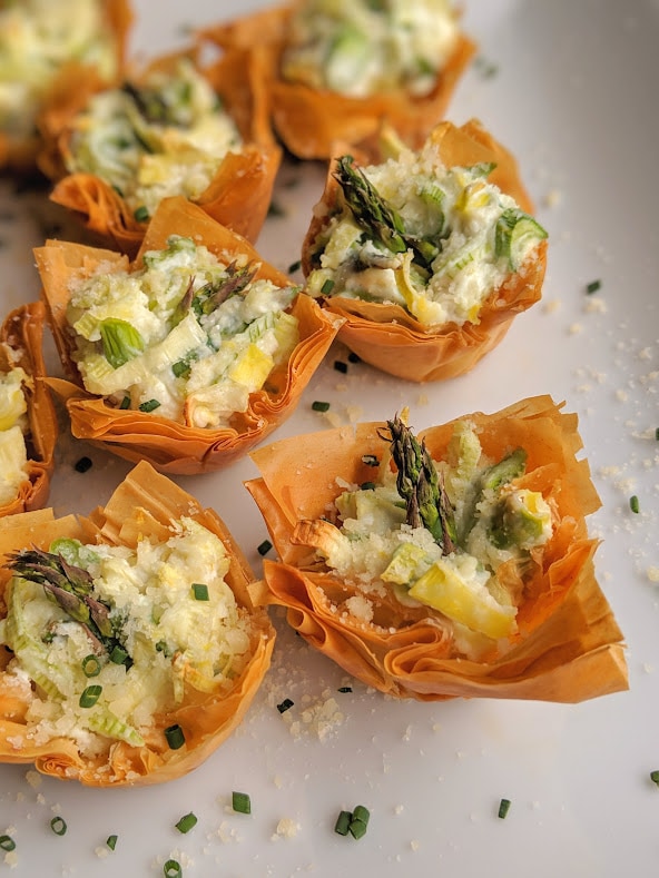 Warm Filo Cups Filled with Spring Leeks, Artichokes, Asparagus and Ricotta