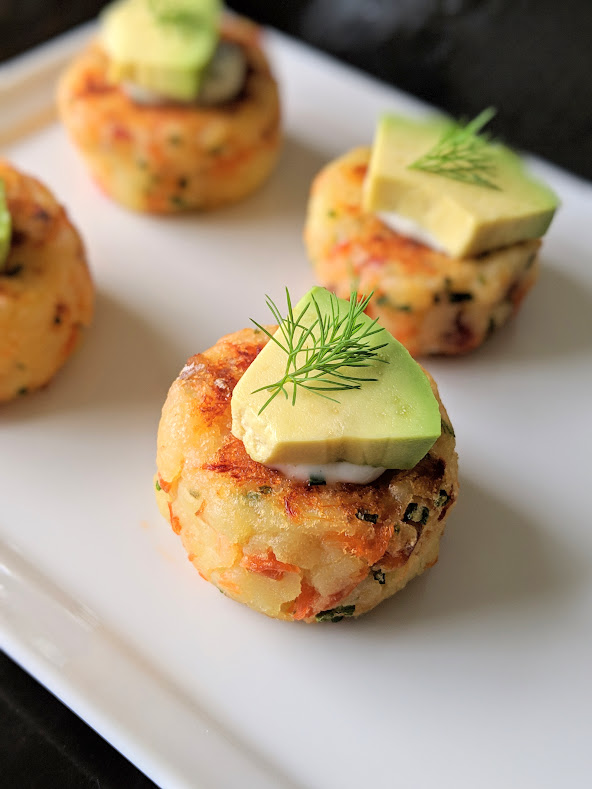 Spring Hors D'Oeuvres - One Bite Smoked Salmon Potato Cakes with Herb Aioli and Avocado
