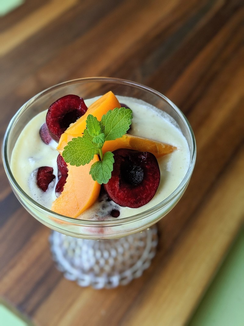 Fresh Sliced Apricots and Cherries with Whipped Champagne Sabayon Mousse