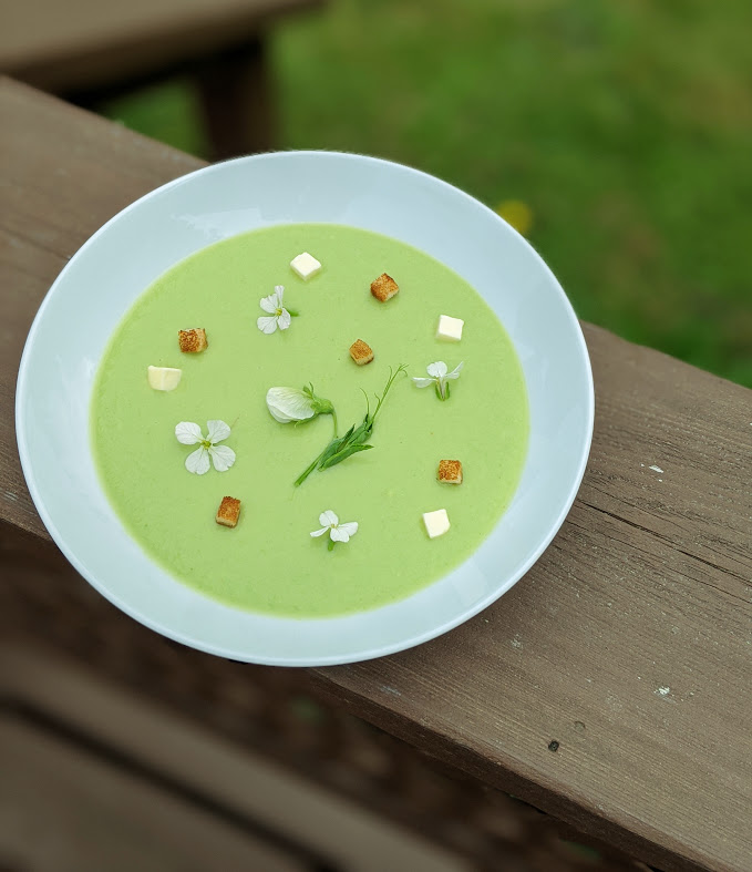 Fresh Pea Soup with Radish and Pea Blossoms, Cubed Butter and Brioche Croutons