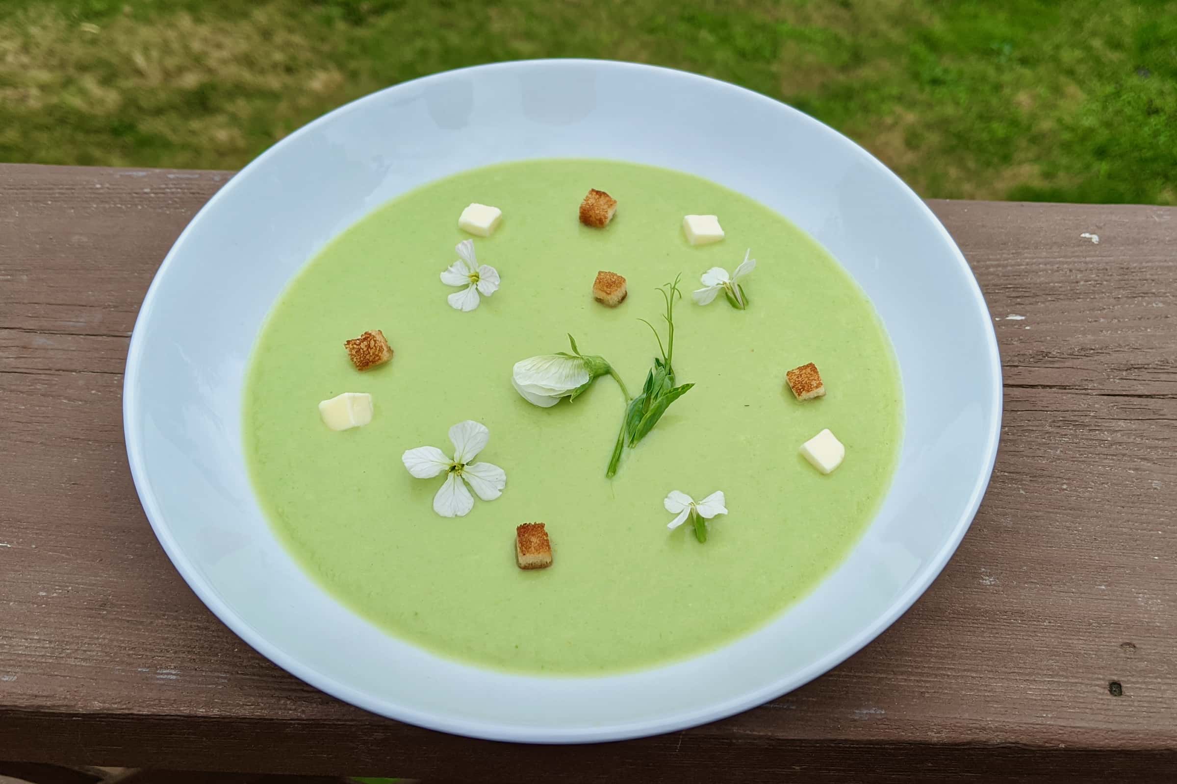 Bowl of pea soup with garnishes of fresh pea florets, radish flowers, peas and croutons.