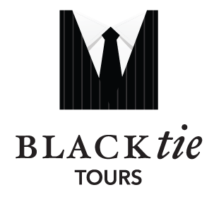 Black Tie Tours logo with text and graphic close up of a black suit and tie.