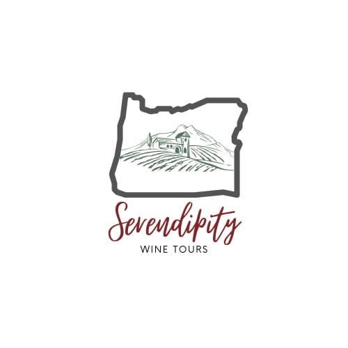 Logo for Serendipity Wine Tours, text with graphic outline of the state of Oregon with a chateau inside.