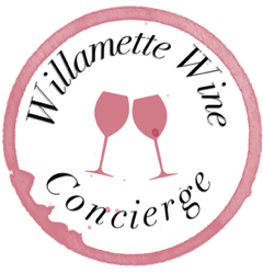 Willamette Wine Concierge logo with text and graphic of red wine glasses clinking