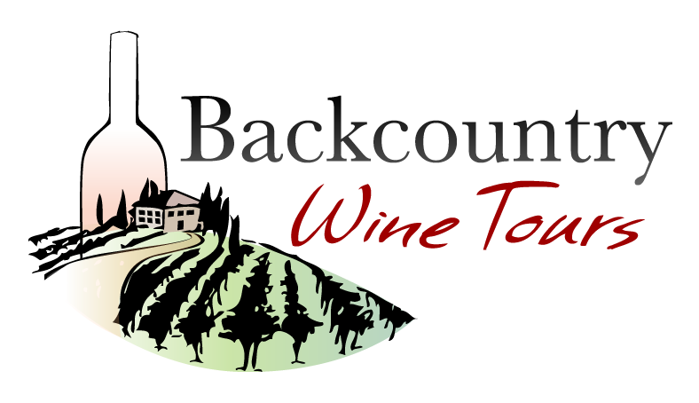 Logo for Backcountry Wine Tours with text and graphic of a chateau, winery and wine bottle.